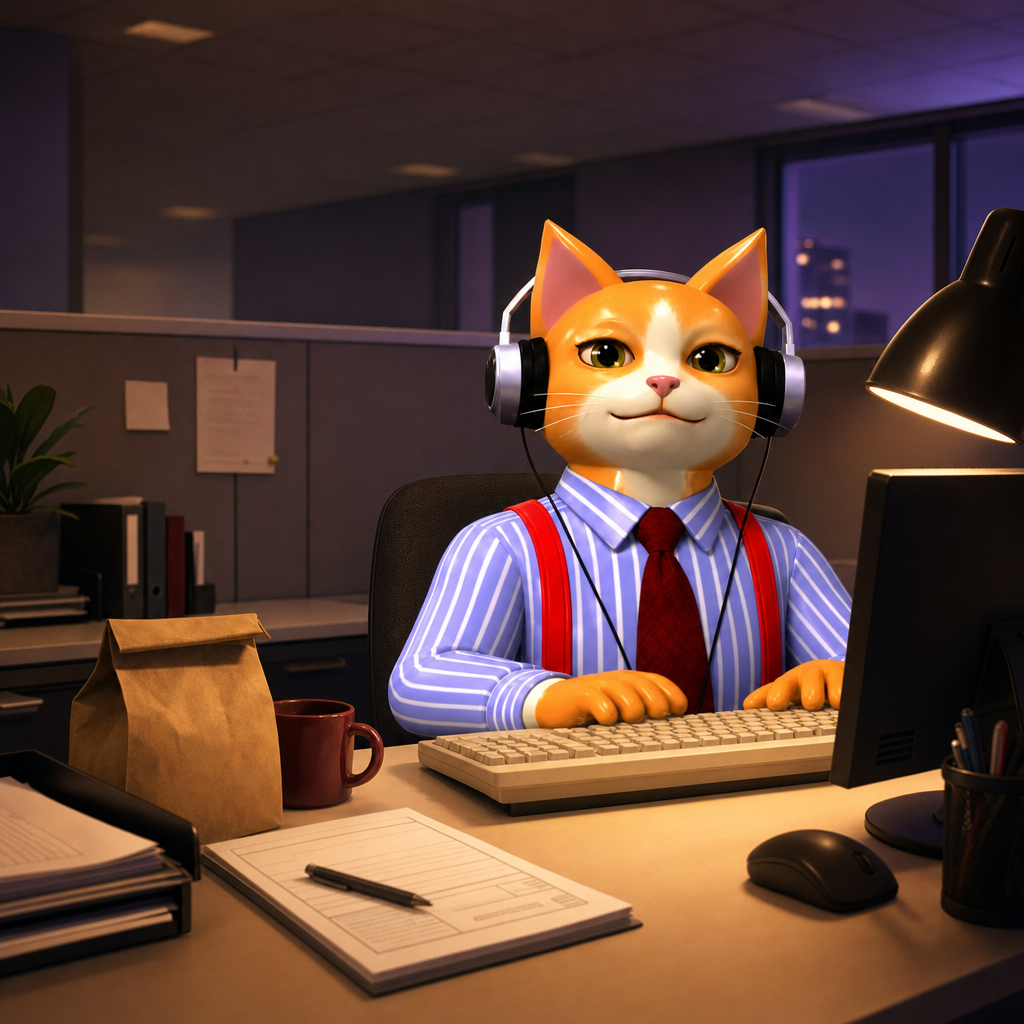 Office Cat at a cubicle desk at night, lamp on, paper lunch bag waiting beside a mug